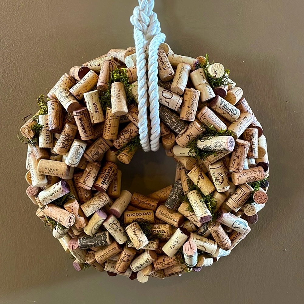 16” double stacked cork wreath/ candle holder with attached rope for hanging